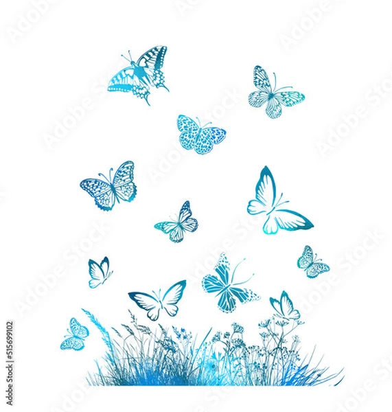 Fototapeta Abstract blue grass and flying butterflies. Vector illustration
