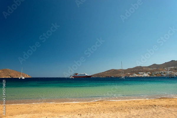 Fototapeta Livadi beach with view over port on Serifos island in Greece