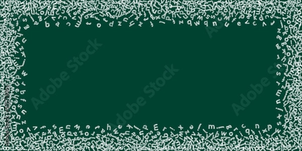 Fototapeta Falling letters of English language. Childish chalk flying words of Latin alphabet. Foreign languages study concept. Artistic back to school banner on blackboard background.