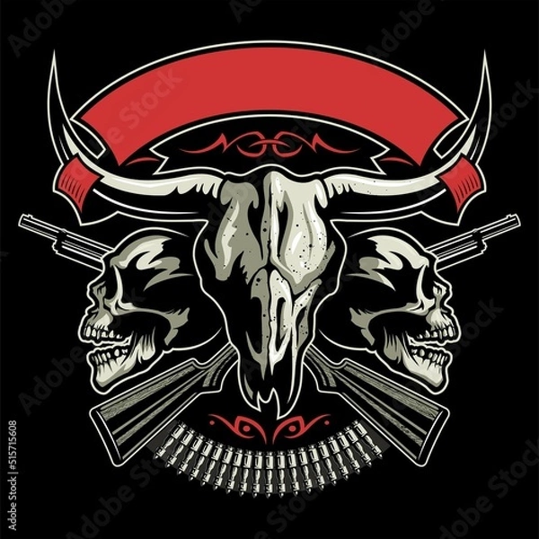 Obraz Vector vintage style bull skull with two human skulls, two crossed shotguns, bullets and ornament on background. Vintage style print design.