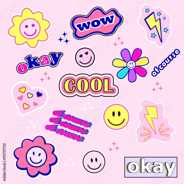 Fototapeta a set of bright colored stickers of the 2000s