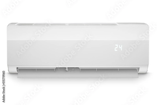 Fototapeta Front view of a white modern air conditioner, isolated on white