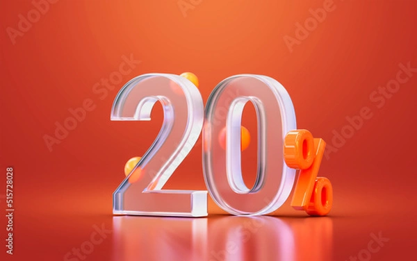 Fototapeta glass morphism realistic 20 percent number for online big sale offer discount, cash back 3d render