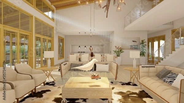 Fototapeta Warm, modern and comfortable interior with double height