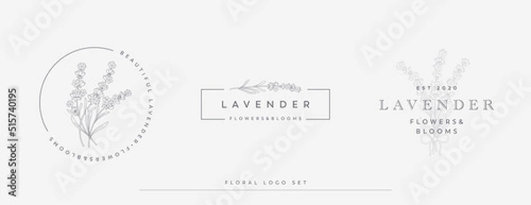 Obraz Flower logo set. Three pre-made floral logos, ready for branding, wedding invitations, cards, packaging or label. With original herbal vector illustrations. Easily adjustable isolated vector.