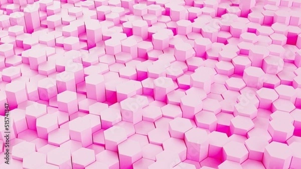 Fototapeta Abstract background with waves made of pure pink futuristic honeycomb mosaic geometry primitive forms that goes up and down under orange back-lighting. 3D illustration. 3D CG. High resolution.
