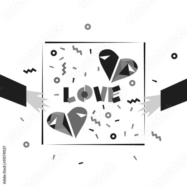 Fototapeta Mosaic hearts, memphis background with geometric elements, helping hands hold postcard. Vector illustration for card, charity symbol, t-shirt, banner, poster, flyer, social help design element.