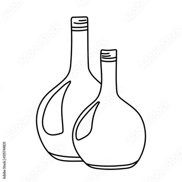 Obraz Two round bellied bottles with a long neck in the doodle style isolated on a white background. Vector illustration.
