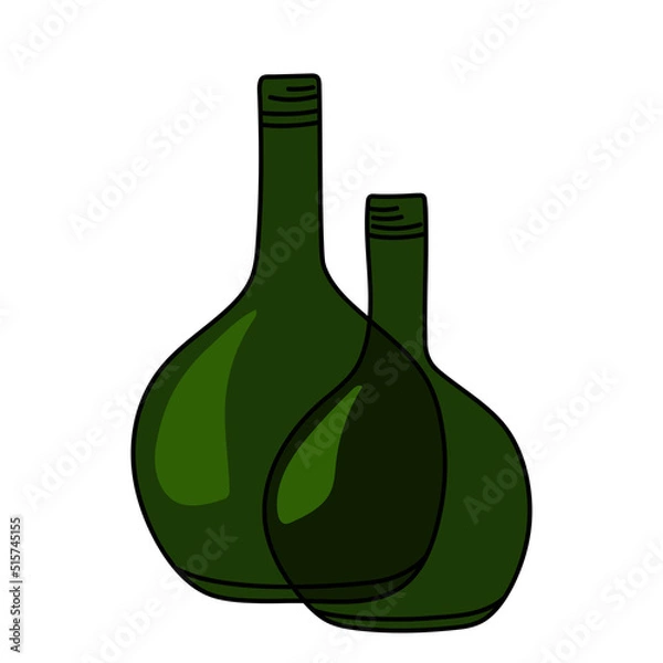 Obraz Hand drawn green glass bottles for wine isolated on a white background. Vector illustration.