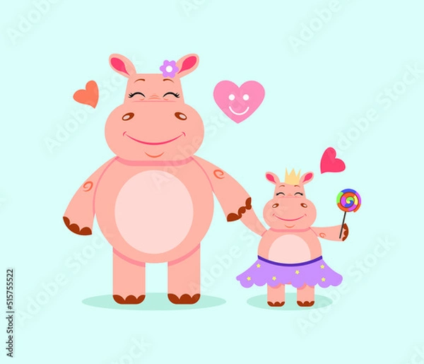 Fototapeta Flat vector illustration of hippopotamuses mother and daughter. 