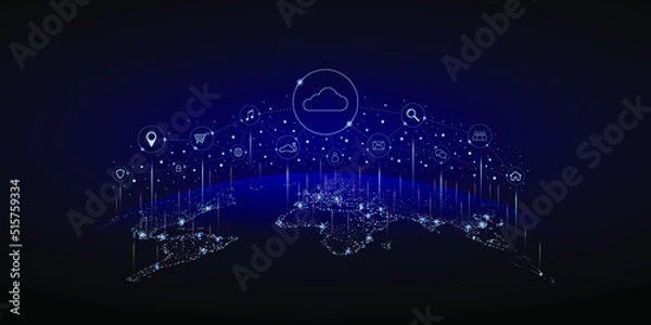 Obraz Global Infrastructure Storage and Sharing Technology On Dark Blue, Big Data Center, Future Infrastructure, Digital Cloud Computing Concept.