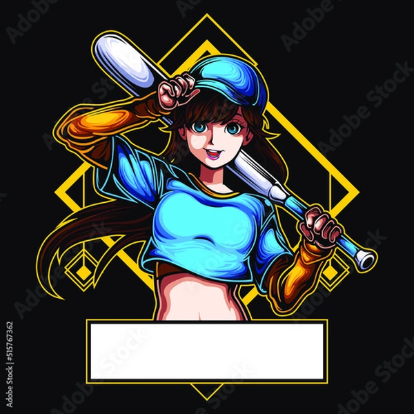 Fototapeta logo esport character smile expression with cap and stick baseball. logo vector character girl for gaming. theme blue yellow costume character. Logo gaming for team squad.