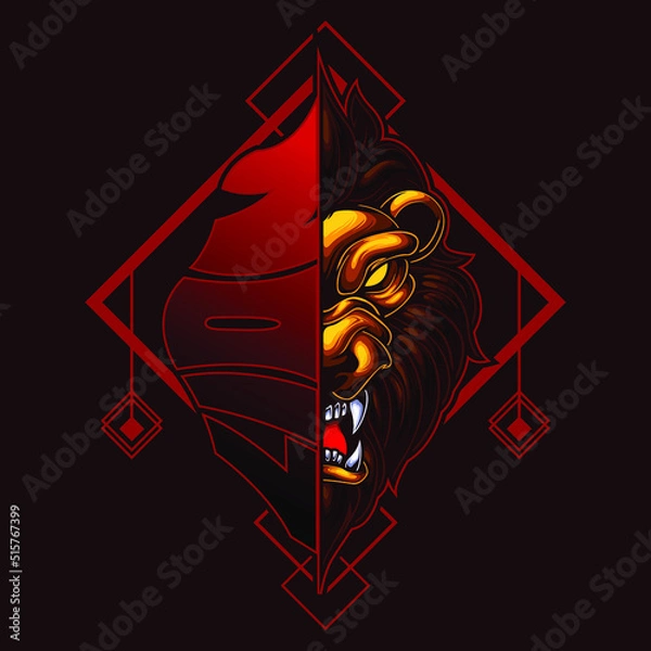 Fototapeta logo esport character lion with half face. logo vector character lion for gaming. theme red yellow costume character. Amazing logo gaming for team squad.