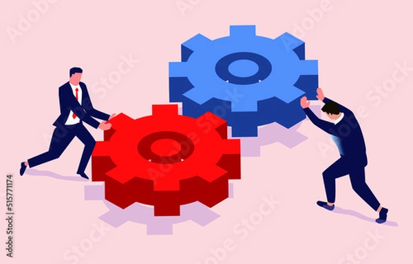 Fototapeta Isometric two businessmen pushing two secondary wheels to turn each other, concept of teamwork