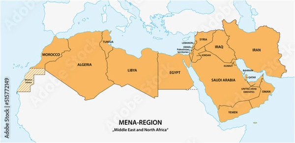 Fototapeta Map of the Mena Region, Middle East and North Africa