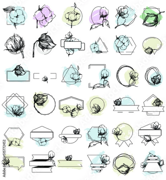 Fototapeta Hand drawn cotton floral logo, frame, border, promo element. Brand emblem template. Minimalistic monogram. Rustic elegant trademark or logotypes background.