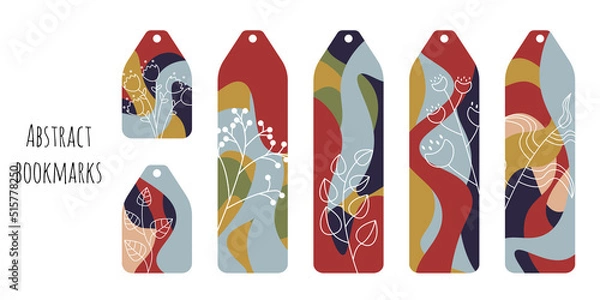 Fototapeta Set of 6 bookmarks with colored spots and decorative elements. Elegant colors palette. Bookmark templates for reading.  White line botanical illustration. Isolated on white background.	