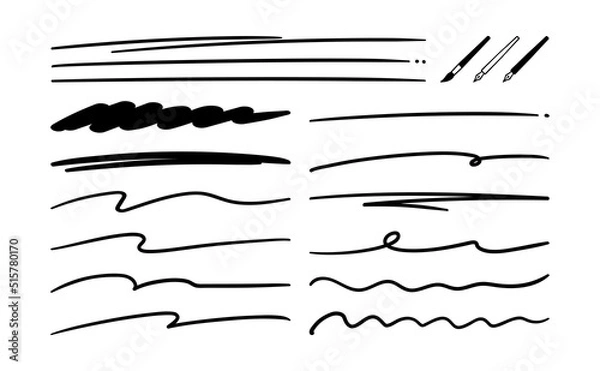 Obraz 手描き風線素材セット　ペンと筆付き　黒