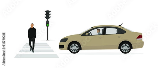Obraz A male character is walking on a pedestrian crossing on a green traffic light signal in front of a car with a driver on a white background