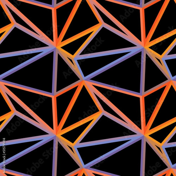 Fototapeta Abstract geometric seamless pattern. Bright orange and blue 3d lattice on black background. Low polygonal surface. Technology, construction, triangle grid