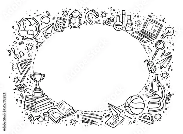 Obraz Vector doodle frame Back to school with school supplies on isolated background.