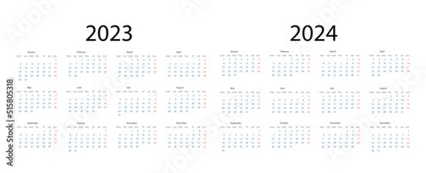 Fototapeta Calendar 2023, calendar 2024 week start Monday corporate design planner template. Vector illustration.	