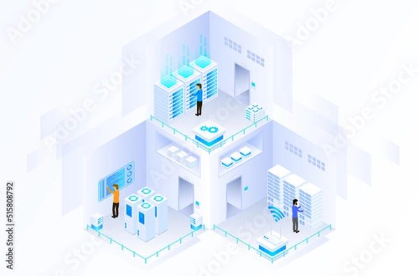 Obraz data center or server room processing data operation with security protection and maintenance with isometric design style - vector	
