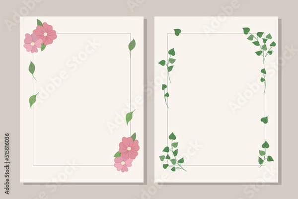 Fototapeta Couple of floral greeting card. Vector layout decorative botanical scandi style greeting card or invitation design background. 
