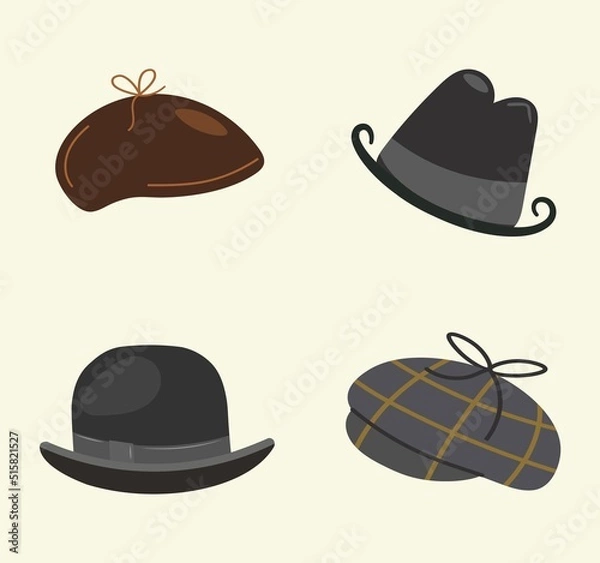 Fototapeta Vector set of isolated cartoon vintage detective hats on a light background. Design for print, web decoration. Vintage retro style.
