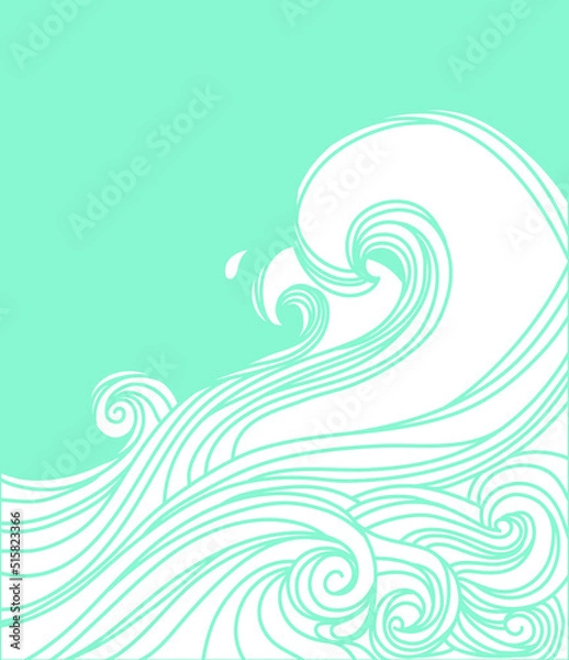 Fototapeta Ocean big wave vintage poster with sun on old paper backgroound. Sea minimalist modern line art landscape illustration background