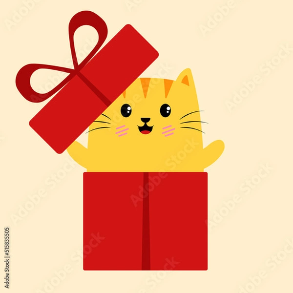 Fototapeta Cat with gift box. Cute cat or kitten hides in red gift box. Cartoon character, animal collection. Vector illustration of funny kitty in birthday gift