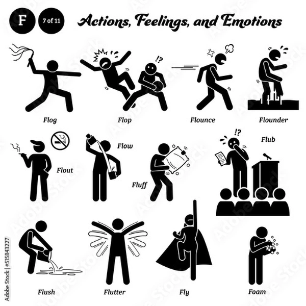 Obraz Stick figure human people man action, feelings, and emotions icons alphabet F. Flog, flop, flounce, flounder, flout, flow, fluff, flub, flush, flutter, fly, and foam.