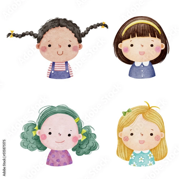 Obraz Set of watercolor little girl faces, avatars, kid heads different nationality in flat style. Set 2.