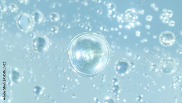 Fototapeta A macro shot of many essential water bubbles rising on a light blue background. Beautiful shiny blobs or droplets of moisturizing bubble design in super motion. 3D cosmetic liquid animation