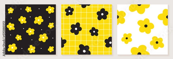 Fototapeta Cute Daisy Flower White Black Yellow Color Confetti Flat Style Fabric Textile Grid Line Check Seamless Pattern Background Botanic Meadow Summer Spring Card Set Collection Bundle Vector Illustration 