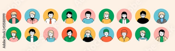 Obraz Outline avatars profile set, office workers, hand-drawn icon style, character design, vector illustration.