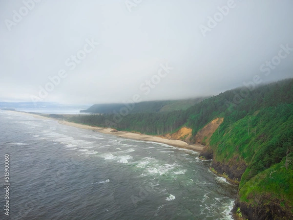 Obraz Beautiful summer landscape. Mountains on the ocean. Lots of greenery, forest. Light blue cloudless sky. Small waves crash on the sandy shore. The beauty of pristine nature, rest, relaxation.