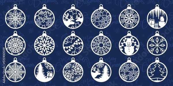 Fototapeta Silhouette of Christmas round toys. Christmas tree decorations set. Balls with deer, snowflakes and a snowman. Template for laser cutting. Background pattern. Isolated vector illustration.