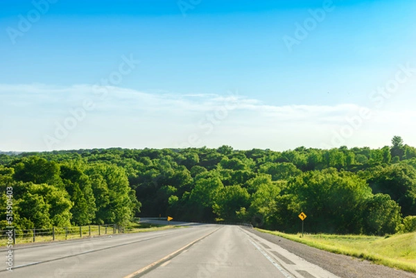 Fototapeta Scenic of greenery mountain, natural forest along with asphalt highway road with blue sky in spring and summer season. Long drive journey with green environment, road trip concept. Outdoor background.