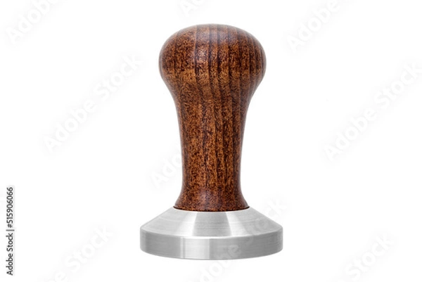 Fototapeta Barista tool for pressing coffee tamper with brown wooden handle, object isolated on white. Barman equipment for pressing down ground coffee, tamper for making espresso coffee front view, nobody.
