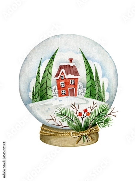 Obraz Snow globe with red house and fir trees inside. Watercolor illustration isolated on white.