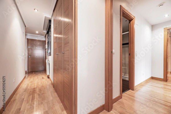 Fototapeta Corridor of a house with several doors and access to different rooms with wooden cabinets matching the doors and light oak parquet flooring