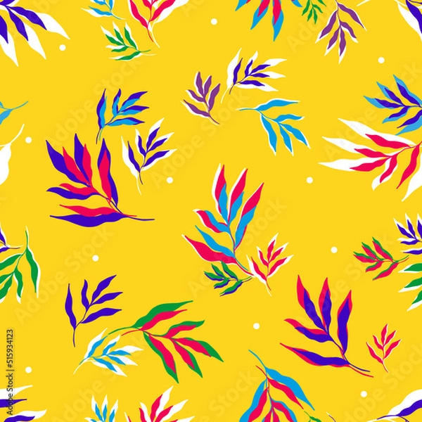Fototapeta Vector illustration of bright multicolored leaves of tropical plants forming seamless pattern on yellow background