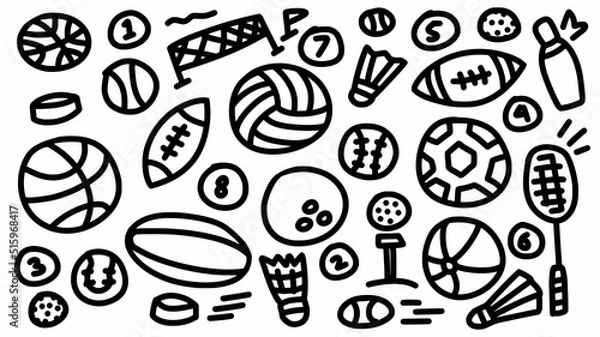 Fototapeta ball sport equipment collection icon set hand drawn doodle outline vector template illustration collection for sport education and coloring book