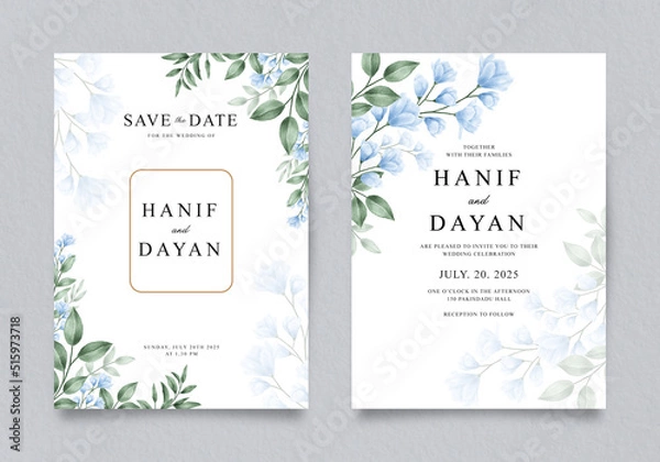 Obraz Elegant double sided wedding invitation with blue watercolor floral