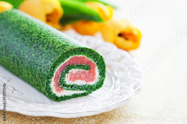Obraz Spinach roll with smoked salmon and cream cheese