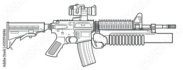 Obraz Vector drawing of an M4 assault rifle with adjustable stock, optical sight and M203 grenade launcher on a white background.