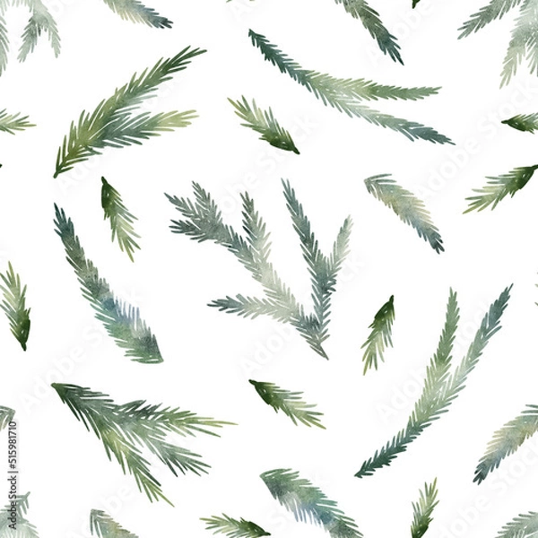 Fototapeta Watercolor hand drawn simple seamless pattern with illustration of green Christmas tree, spruce, fir branches. New Year fir-needle natural elements isolated on white background. Winter wallpaper