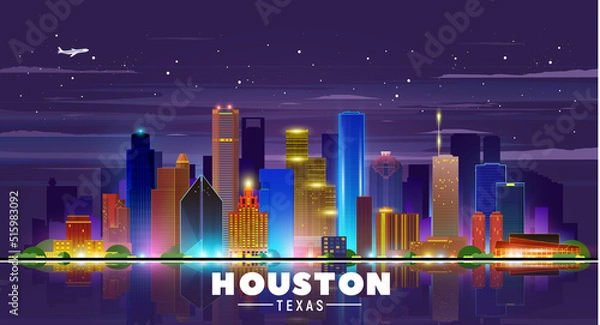 Fototapeta Houston Texas (USA) night city skyline vector illustration on sky background. Business travel and tourism concept with old and modern buildings. Image for presentation, banner, web site.