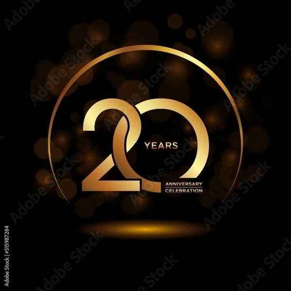Fototapeta 20 years Anniversary celebrations logo with golden ring. Gold color is elegant and luxurious. Logo vector template.